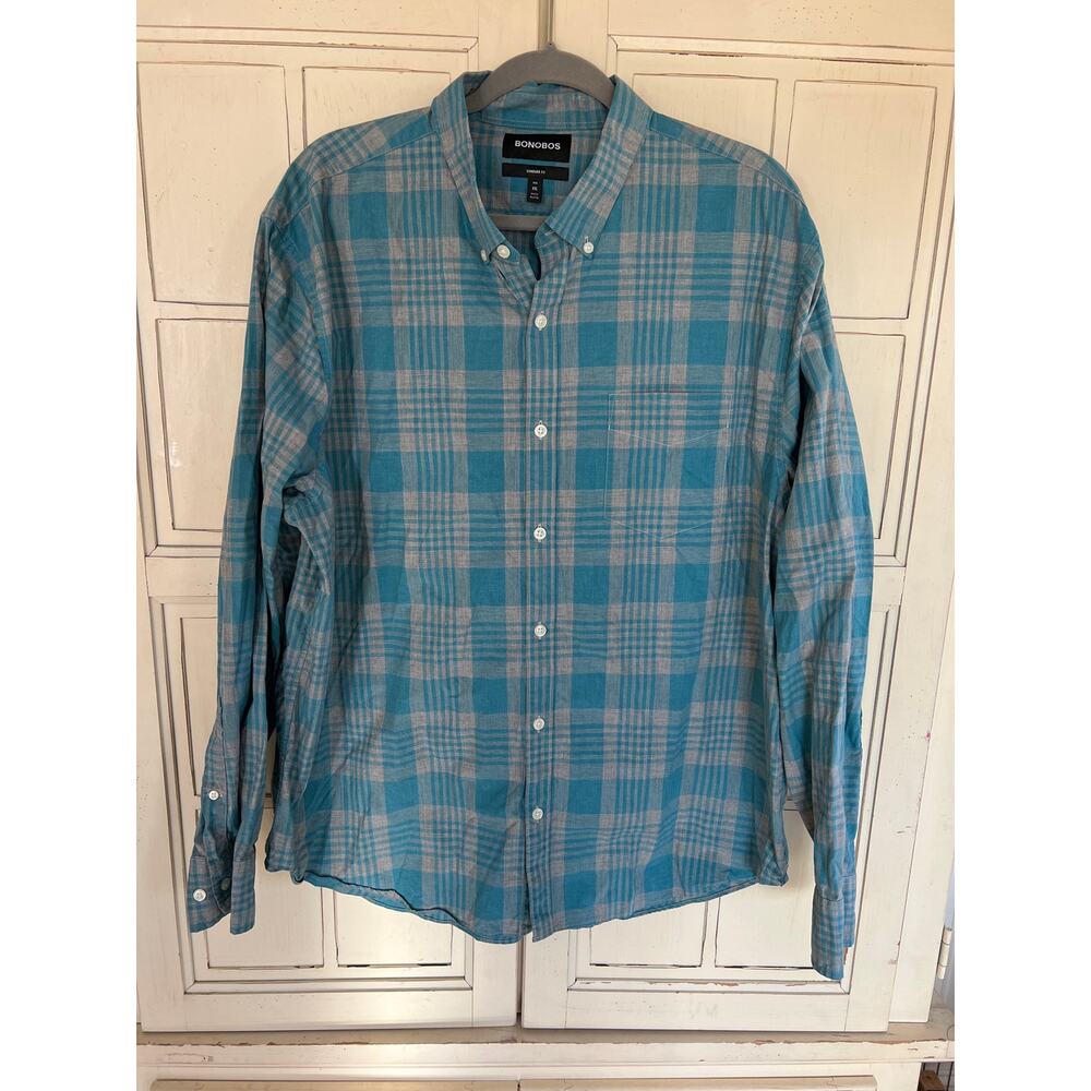 Bonobos size XXL men’s teal and gray plaid button down shirt